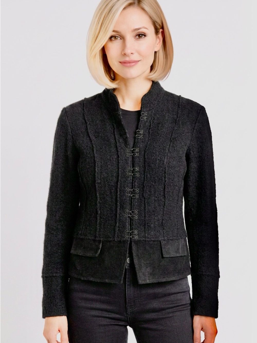 Clothes by Revue Y2K Black Textured 100% Wool-Faux Leather Hook-Closure Blazer-L